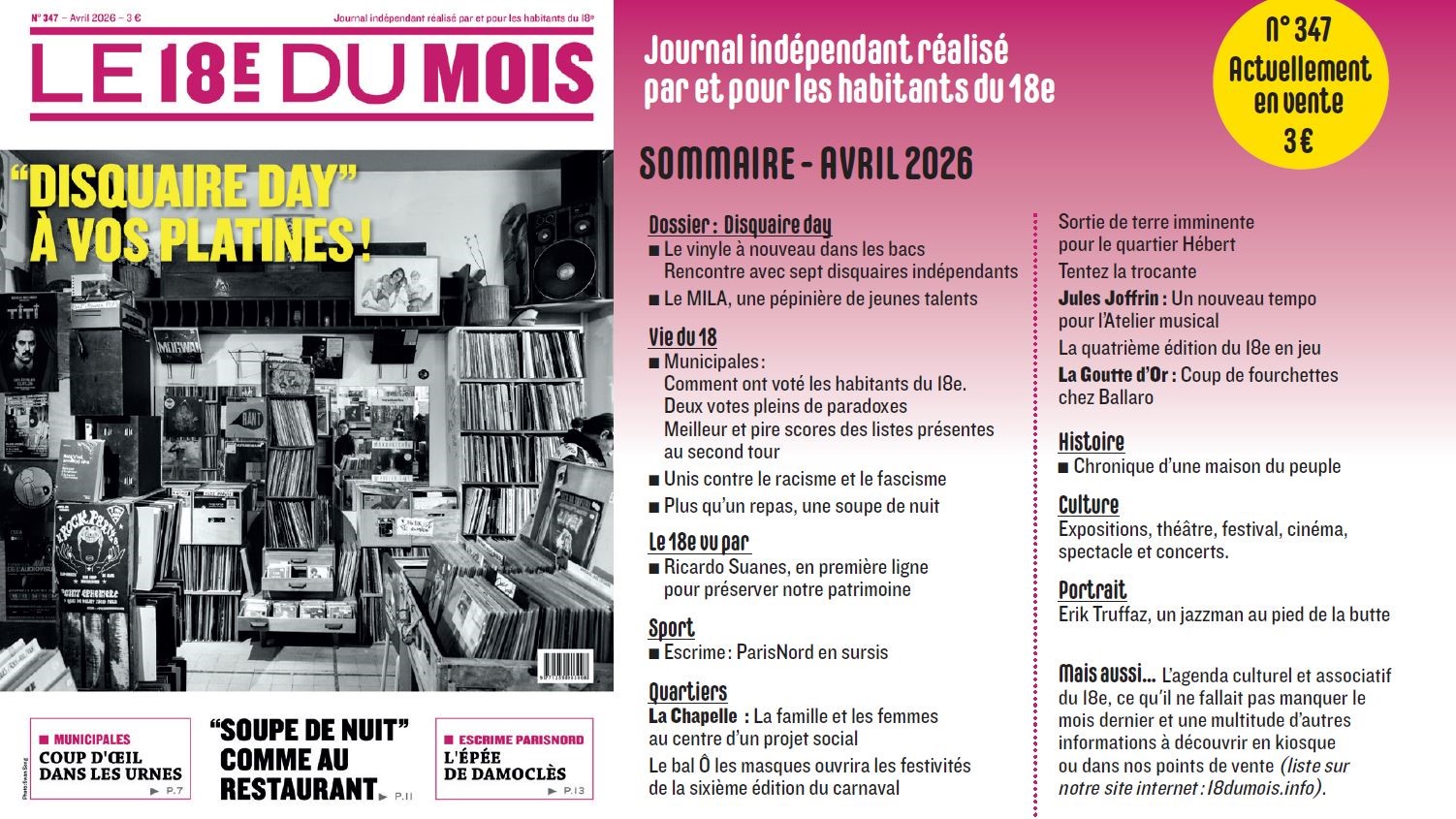 A la Une du journal Le 18e du Mois : Numéro 347 – Avril 2026
